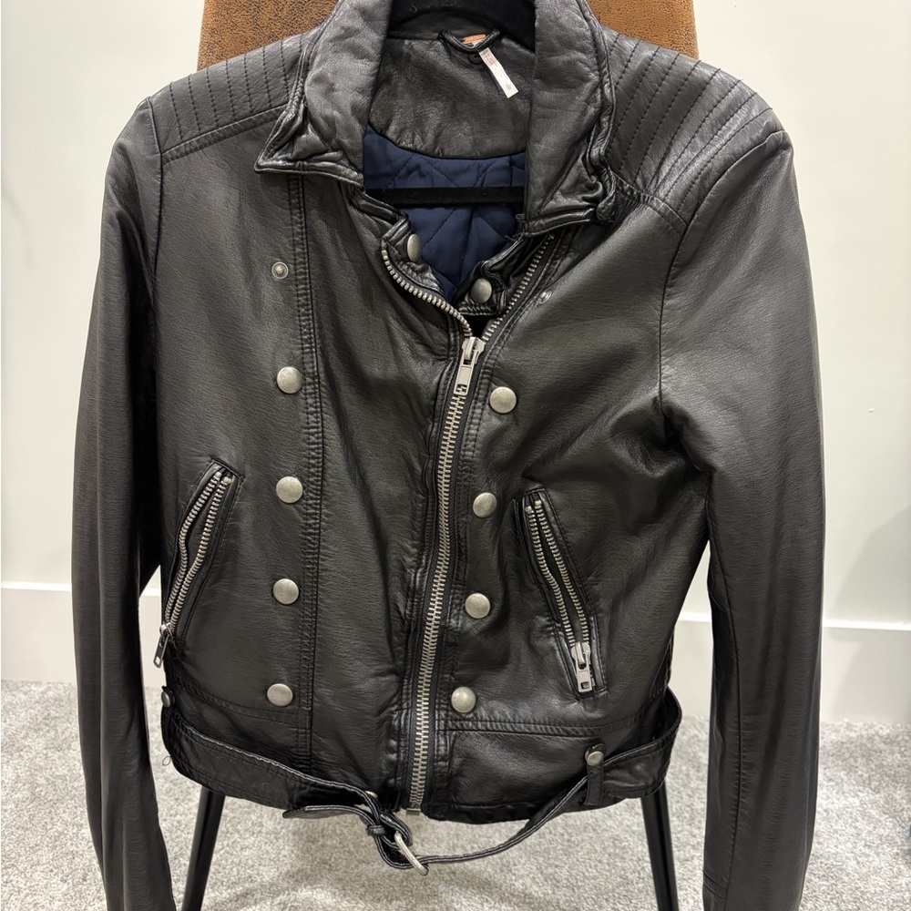 Free People Black Moto Leather Jacket with Metallic Details